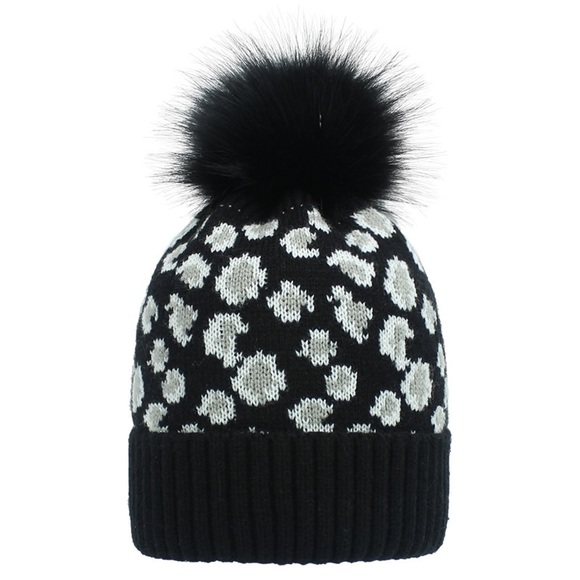 Trendy Black Leopard Knit Pom Pom Beanie - Picture 4 of 16